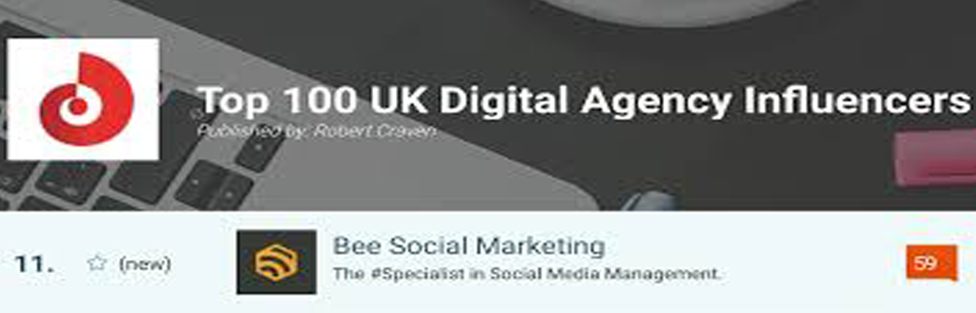 Bee-Social-Marketing-Listed-in-the-Top-100-UK-Digital-Influencers Top 100 UK Digital Influencers logo and bee social marketing listing